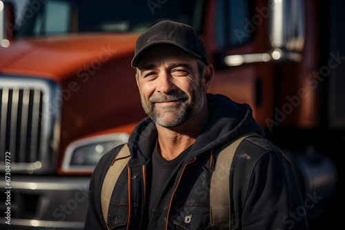 A middle aged trucker standing by his truck in the US, smiling for a portrait, © NE97
