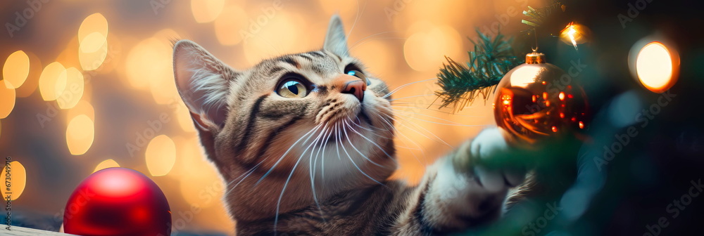 cat swats at a dangling Christmas tree ornament, with bokeh lights illuminating the mischievous holiday moment.