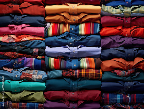A lot of colorful, neatly arranged stack of various clothing items artfully filling the frame, meticulously organized layers of shirts, pants and other garments in eye-catching patterns