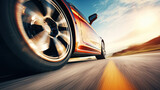 Close-up of wheel of fast sports car on highway, sport car
