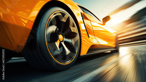 Close-up of wheel of fast sports car on highway  sport car