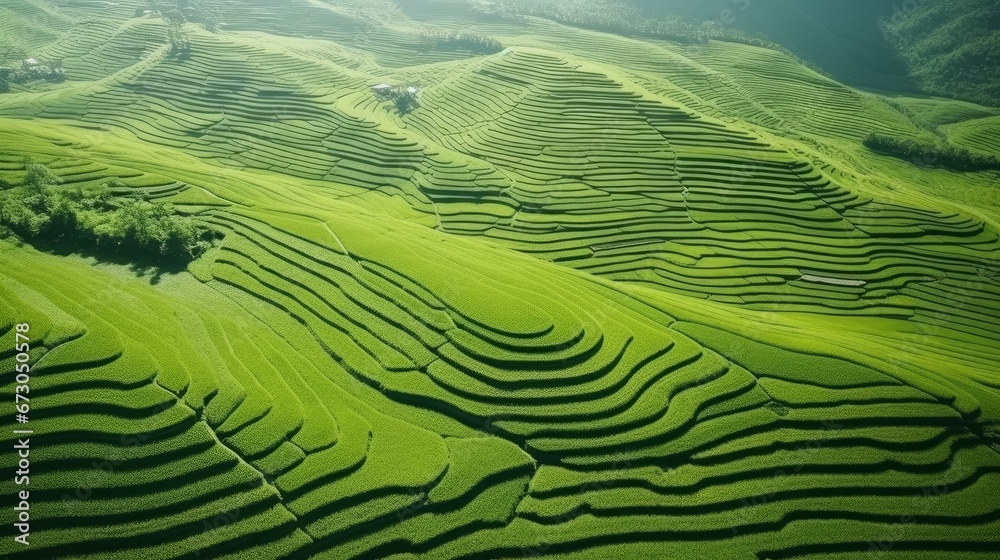 An aerial perspective of lush agricultural fields featuring rice and tea crops. This picturesque landscape provides a beautiful and textured background suitable for tourism, design