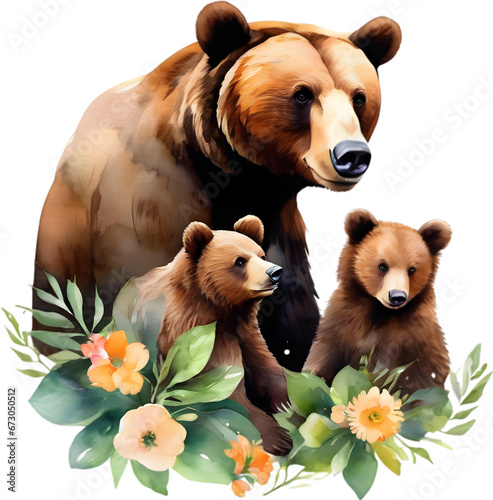 Mother bear and her cubs, Decorative clip art.