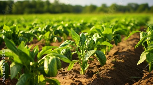 A farm field cultivated with a variety of crops  including capsicum peppers  leeks  and eggplants. This represents the cultivation of organic vegetables on open ground