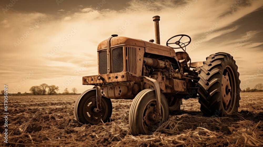 Fototapeta premium Old tractor working on the field
