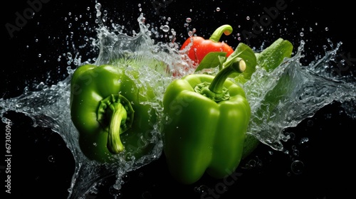 A pack shot photograph of a fresh green bell pepper submerged in clear water, showcasing the vibrant and refreshing qualities of this crisp vegetable