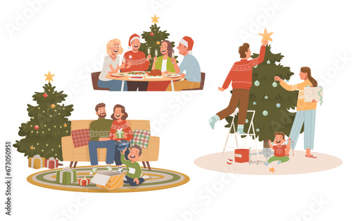 People celebrate Christmas and New Year. Family and friends decorate the Christmas tree and have fun for the holidays