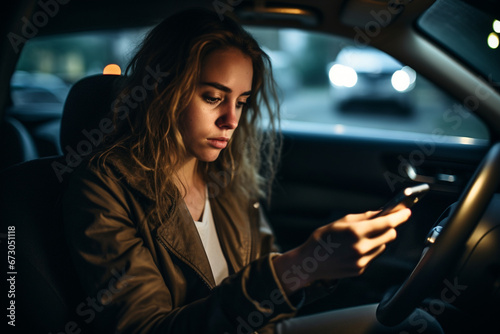 Dramatic Portrait of Upset young woman text messaging in her car © alisaaa