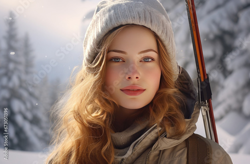 young woman wearing skis and skisuits during winter holidays photo