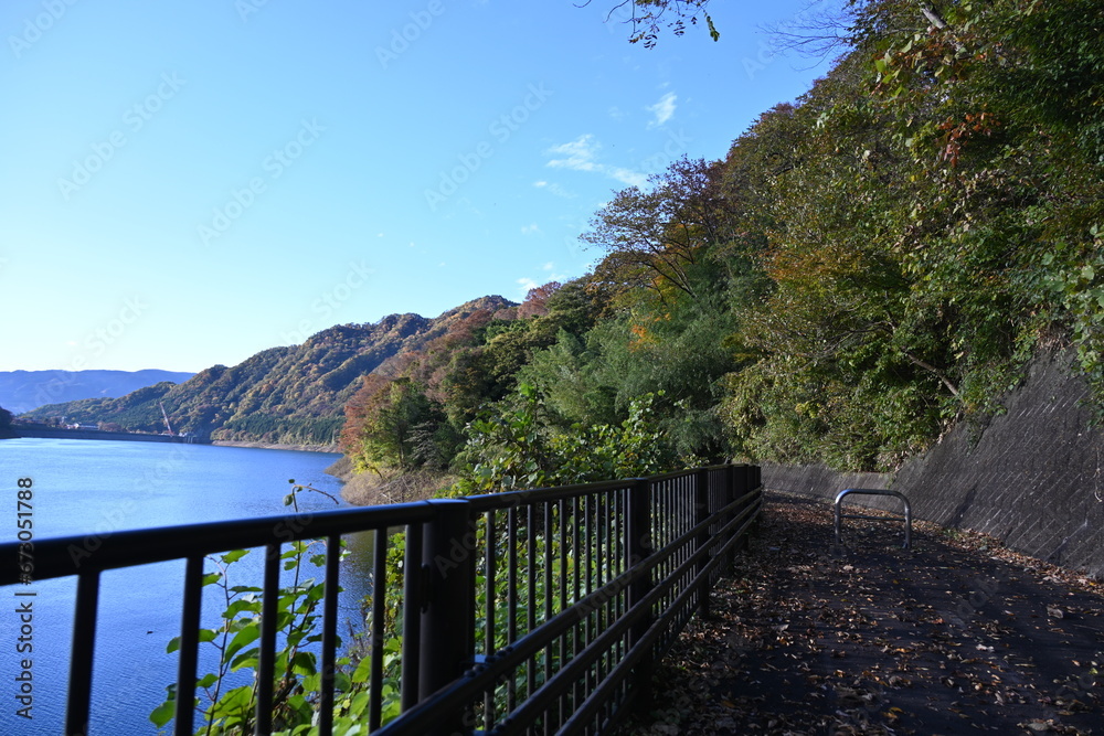 Fototapeta premium 群馬県の猿ヶ京温泉にある赤谷湖畔の遊歩道
