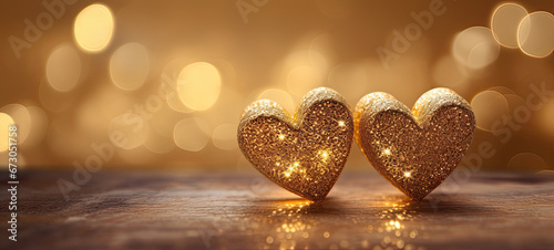  Two golden heart On gold Glitter In Shiny background with bokeh lights wit copy space,Valentines day card