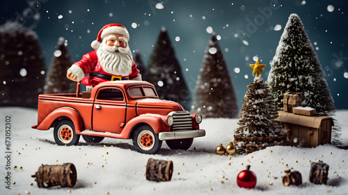 Cute Santa toy with driving vehicle and Christmas decorations