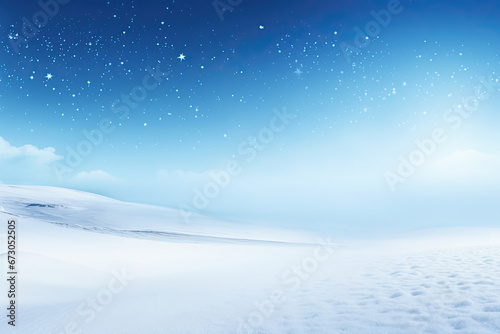 christmas background with snowflakes, Winter snow background with snowdrifts, with beautiful light and snow flakes on the blue sky in the evening, banner format, copy space, © Planetz