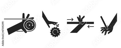 Art & IlluBundle set pictogram icon of hand injury pinched on belt conveyor machine, injury rotating knife or blade, door pinch for safety danger warning signstration