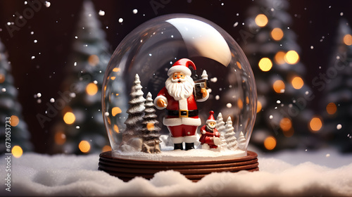 Glass snow globe inside santa christmas tree winter background copy space