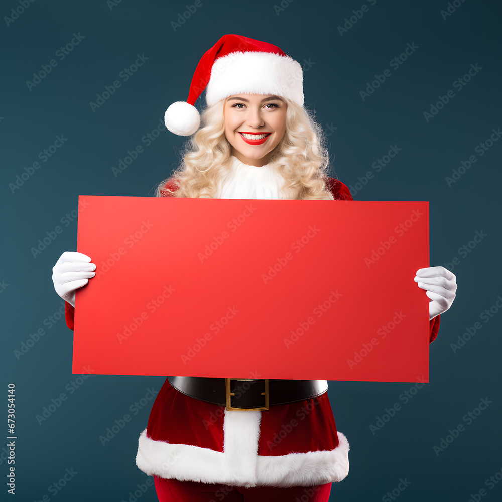 a woman wearing a Santa costume carrying a white paper board a woman wearing a Santa costume carrying a white paper board