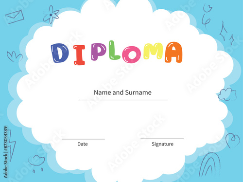 Diploma certificate for kids and children on  blue background with kids elements 
