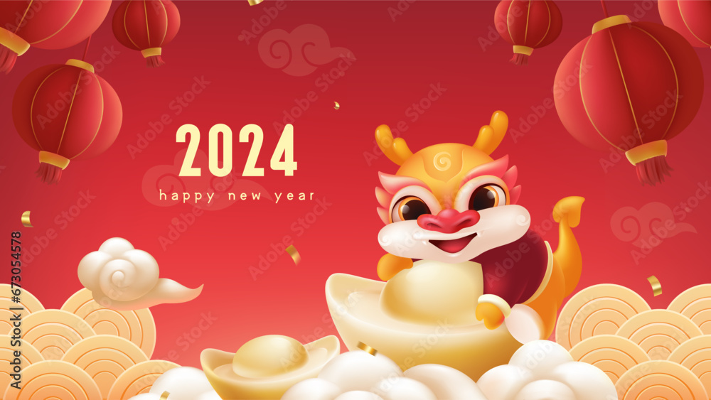 Fototapeta premium Spring Festival background design a lovely dragon holding a gold ingot