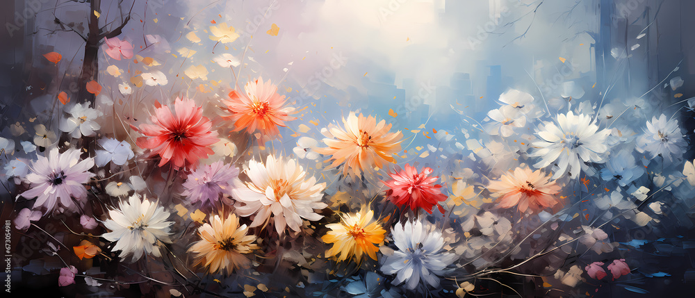 Digital painting of colorful flowers with nature with watercolor effect. Spring background Digital painting of colorful flowers with nature with watercolor effect. Spring background