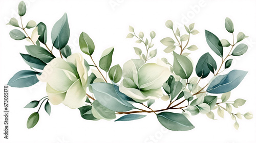 tropical watercolor herbal branch with leaves . Card with nature , white background