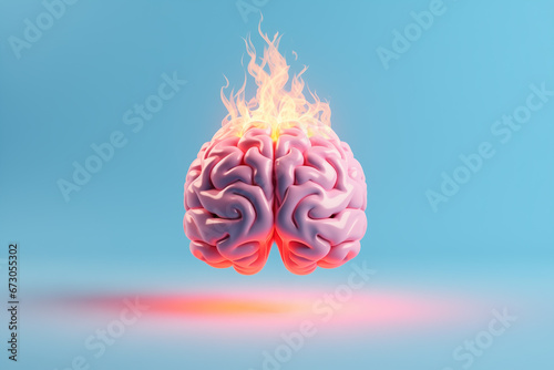 3D human brain in flame. Concept of burnout, tired or stress. photo