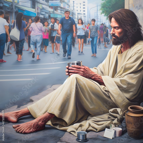 Jesus as homeless on street