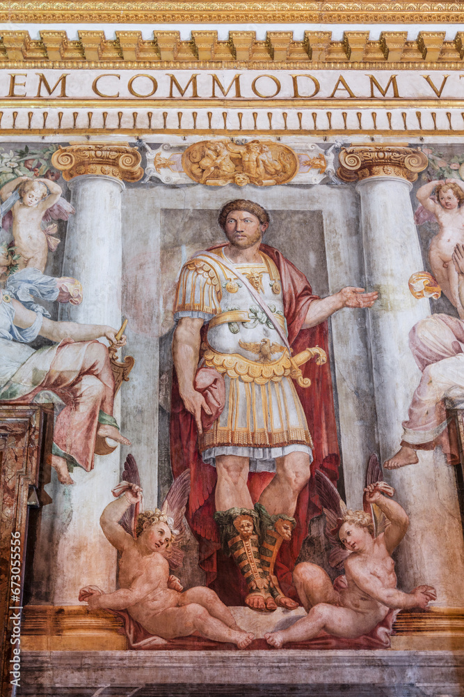  Emperor Hadrian in the painting in the hall of the Roman Emperor Paul III. The Castel Sant'angelo (Hadrian's mausoleum) in Rome. Italy