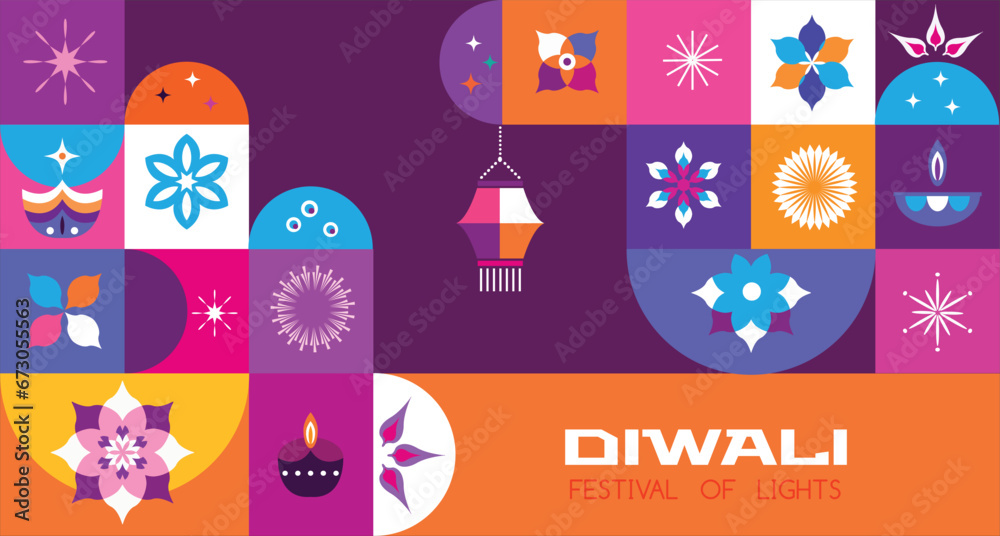 Traditional Indian festival Diwali. Happy Festival of lights Deepavali Template set icons for greeting card Festive Burning diya graphic design background Vector abstract flat illustration