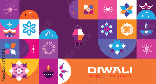 Traditional Indian festival Diwali. Happy Festival of lights Deepavali Template set icons for greeting card Festive Burning diya graphic design background Vector abstract flat illustration