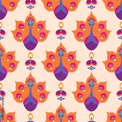 Traditional Indian festival Diwali. Happy Festival of lights Deepavali   template design seamless pattern   Festive Burning diya graphic design background Vector abstract flat illustration