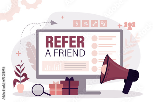 Refer a friend, advertising concept. Video channel of popular blogger sharing information, giant megaphone and social media. Marketing, advertising, social network communication.