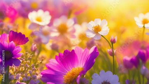 Flower field in sunlight, spring or summer garden background in close-up. Flower meadow field  © Fantasy24