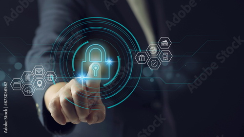 Cyber Protection Data Security Internet Privacy, Internet and technology concept on virtual screen. Man touching on lock icon.