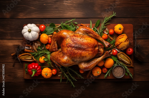 thanksgiving turkey on a wooden background,top view angle