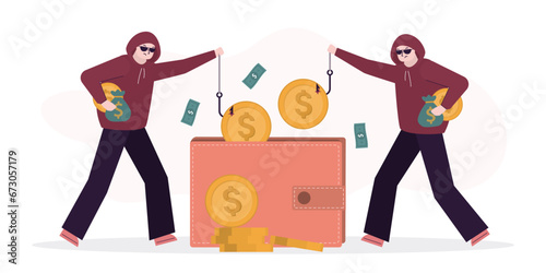 Group of rogue robbers use hooks and take money out of wallet. Thieves commit, robbery crime, burglar with stolen money. Robber in dark glasses and hood trying to loot purse.