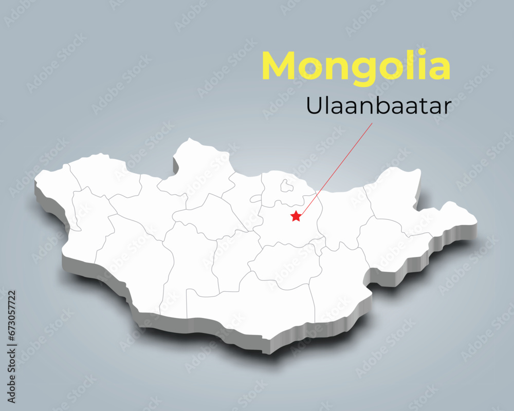 Mongolia 3d map with borders of regions and it’s capital