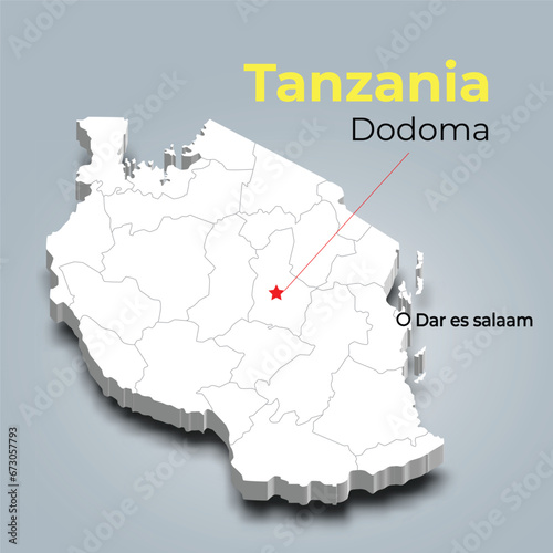 Tanzania 3d map with borders of regions and it’s capital