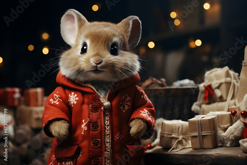 A cheerful cute Christmas squirrel in a red jacket with Christmas ornamentals and Christmas tree at the back and blur banner fairy lights background Cute Christmas background