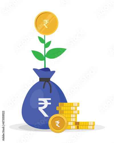Rupee plant growth in money bag, investment, mutual fund concept vector illustration