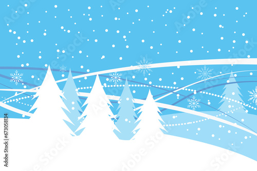 Winter landscape with fir trees. Winter weather. Winter background for cards, banner, poster, social networks. Flat illustration of winter.