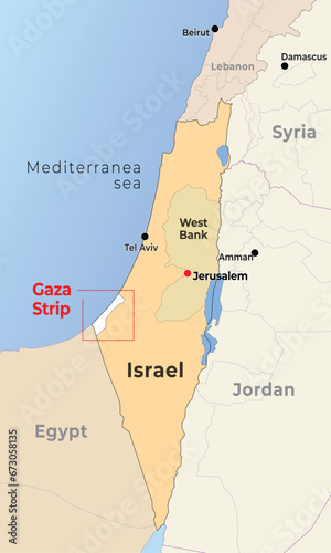Israel map with its capital Jerusalem, Highlighted Gaza strip, with neighbour countries