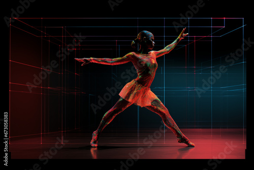 Dancer in neon colors, abstract geometric lines, black light, dynamic pose. © L.S.