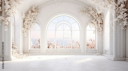 white room with arch and flowers in the wall and large window Generative Ai