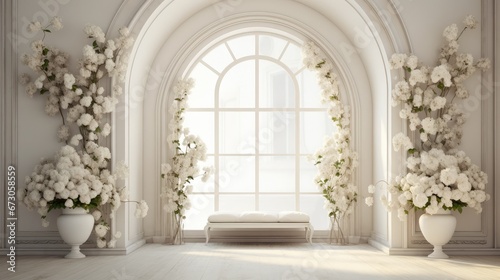 white room with arch and flowers in the wall and large window Generative Ai © Nisa