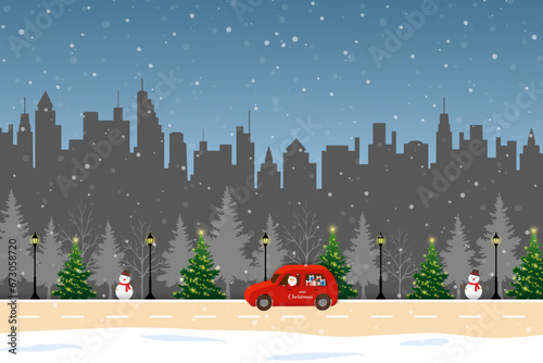 Merry Christmas and Happy new year greeting card,winter landscape with Santa Claus driving a red car and delivering gift boxes to the city