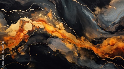 Beautiful abstract orange gold fluid art alcohol ink on black background