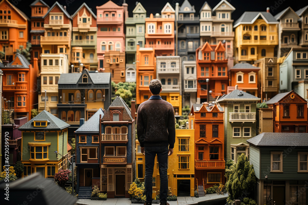 A man stands before a vibrant array of meticulously crafted miniature houses, immersed in the intricate details of urban design.