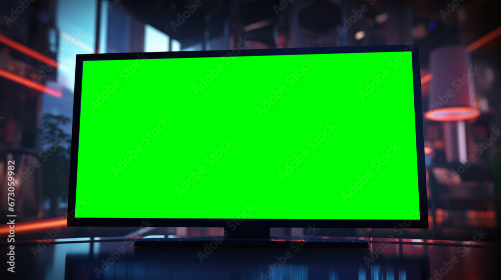 A green screen tv sitting on top of a table. Generative AI. A green screen tv sitting on top of a table. Generative AI.