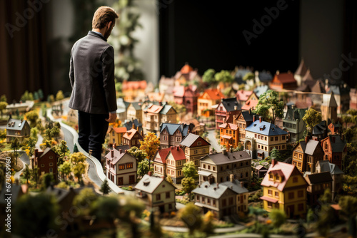 A thoughtful man gazes over a detailed miniature town, showcasing expert modeling in urban design and architecture. photo