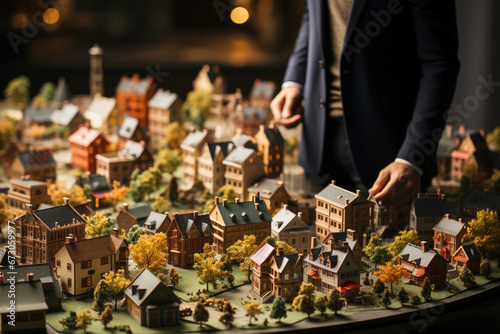 A detailed miniature scale model of a town with buildings, trees, and roads, as a person interacts with the display.